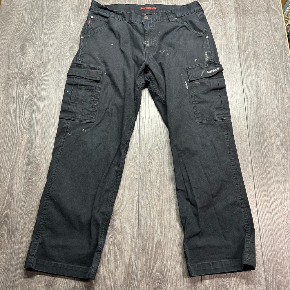Tough Duck Mens Black Cargo Work Pants 38x30 Paint Splatter Utility Trousers